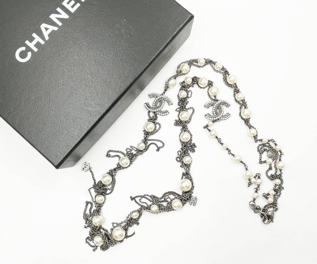 Top Quality Chanel Gunmetal Pearl Dangling Chain Long Necklace