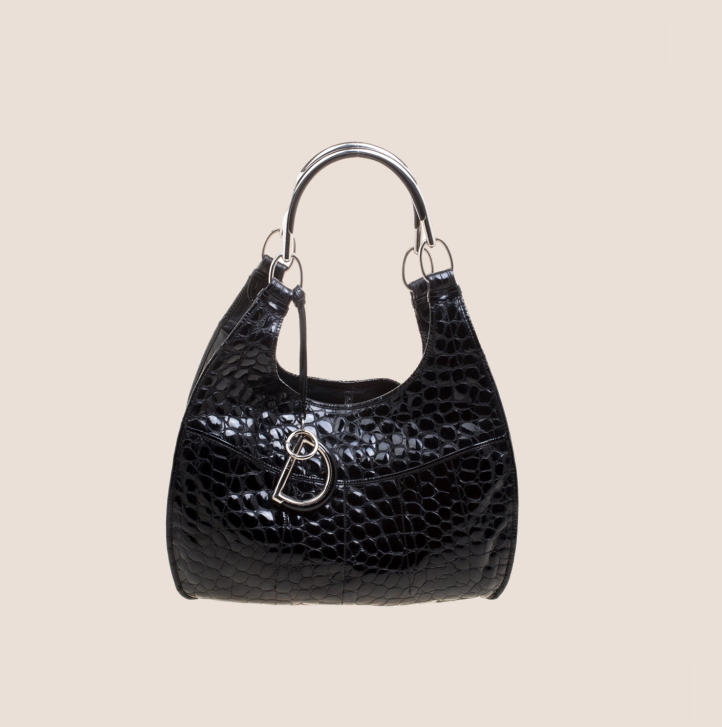 CHRISTIAN DIOR BLACK CROC EMBOSSED PATENT LEATHER TOTE BAG