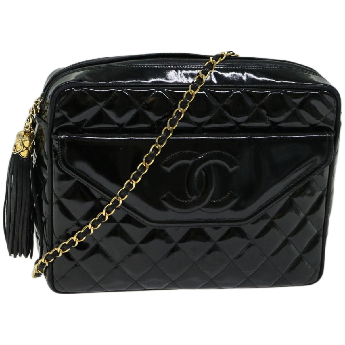Top Quality Chanel Matelasse Chain Shoulder Bag Patent leather Black CC Auth hk1071