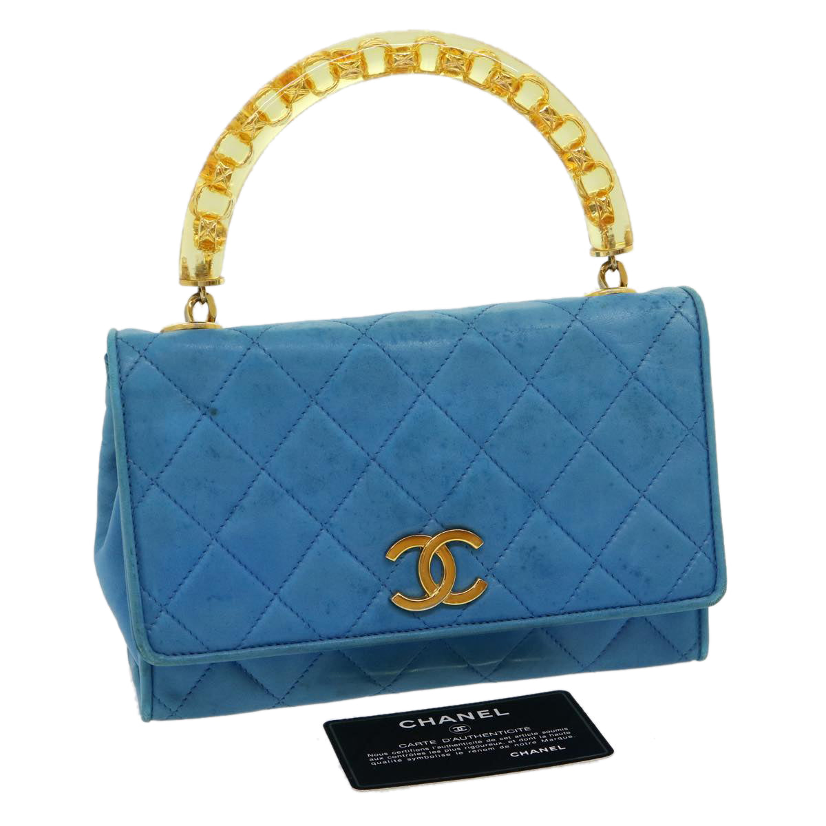 Top Quality Chanel Hand Bag Lamb Skin Blue CC Auth hk455A