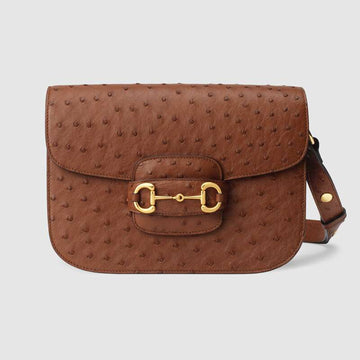Gucci Horsebit 1955 Ostrich Shoulder Bag Brown Ostrich