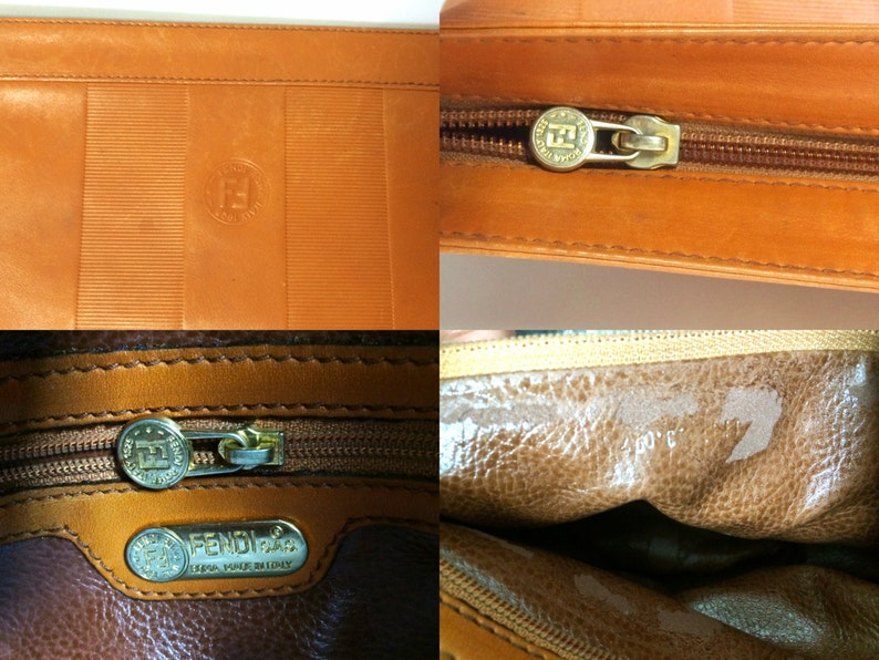 FENDI Vintage orange brown genuine leather mini document bag, clutch purse with embossed logo and epi mix