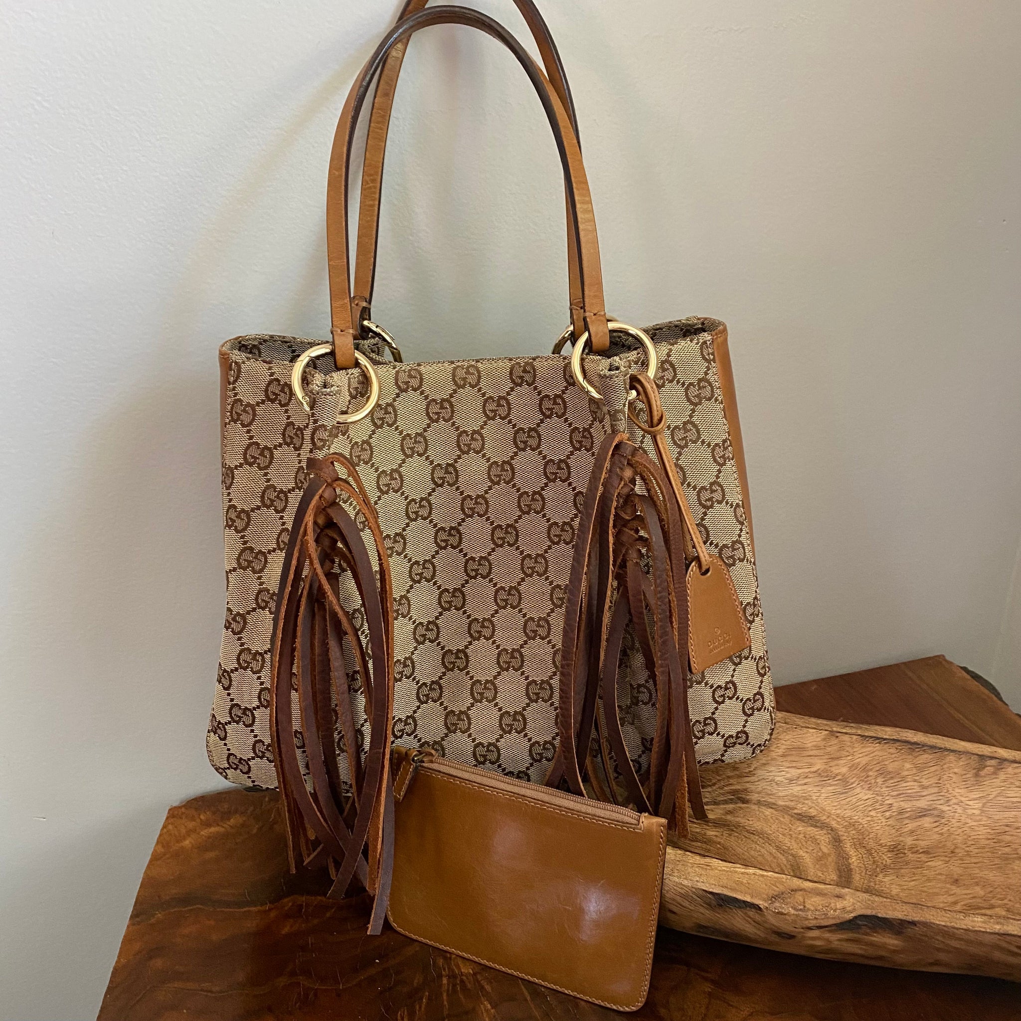 The Owl -Prestige Totes Bags GG Bucket Bag in Brown with Fringe