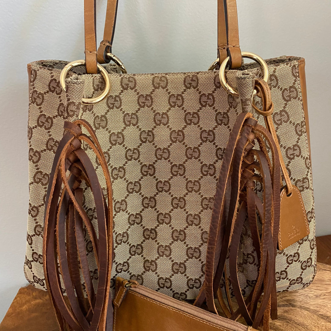 The Owl -Prestige Totes Bags GG Bucket Bag in Brown with Fringe