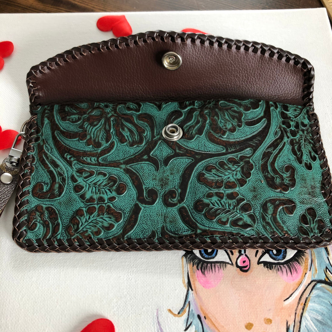 The Wren Wallet - Monogram & Turquoise Wristlet/Clutch Bag
