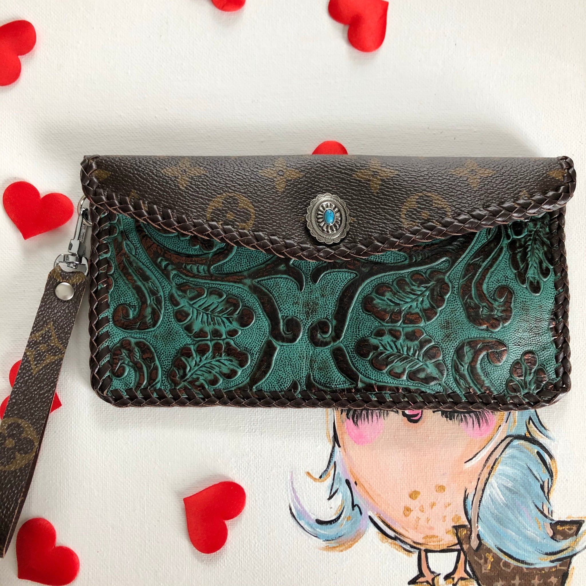 The Wren Wallet - Monogram & Turquoise Wristlet/Clutch Bag