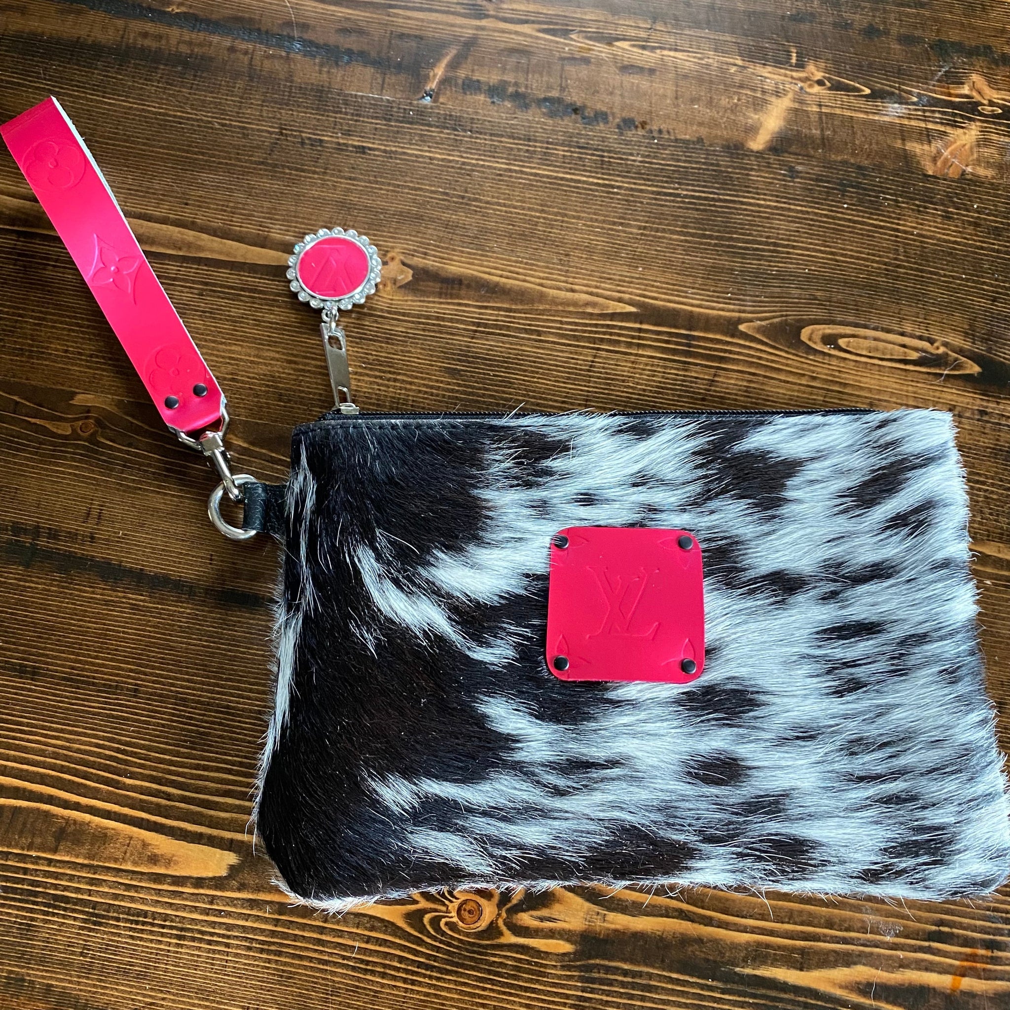 The MockingPrestige Totes Bags - Black/White/Pink Hair on Hide Wristlet Bag