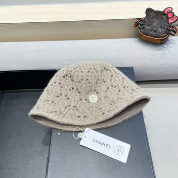 CHANEL BUCKET HAT KHAKI BROWN KNITTED FABRIC WITH RABBIT FUR 428091
