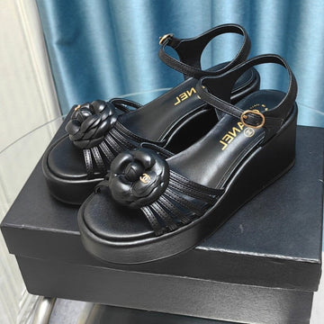 CHANEL Camellia Slide Wedge Sandal Black Lambskin