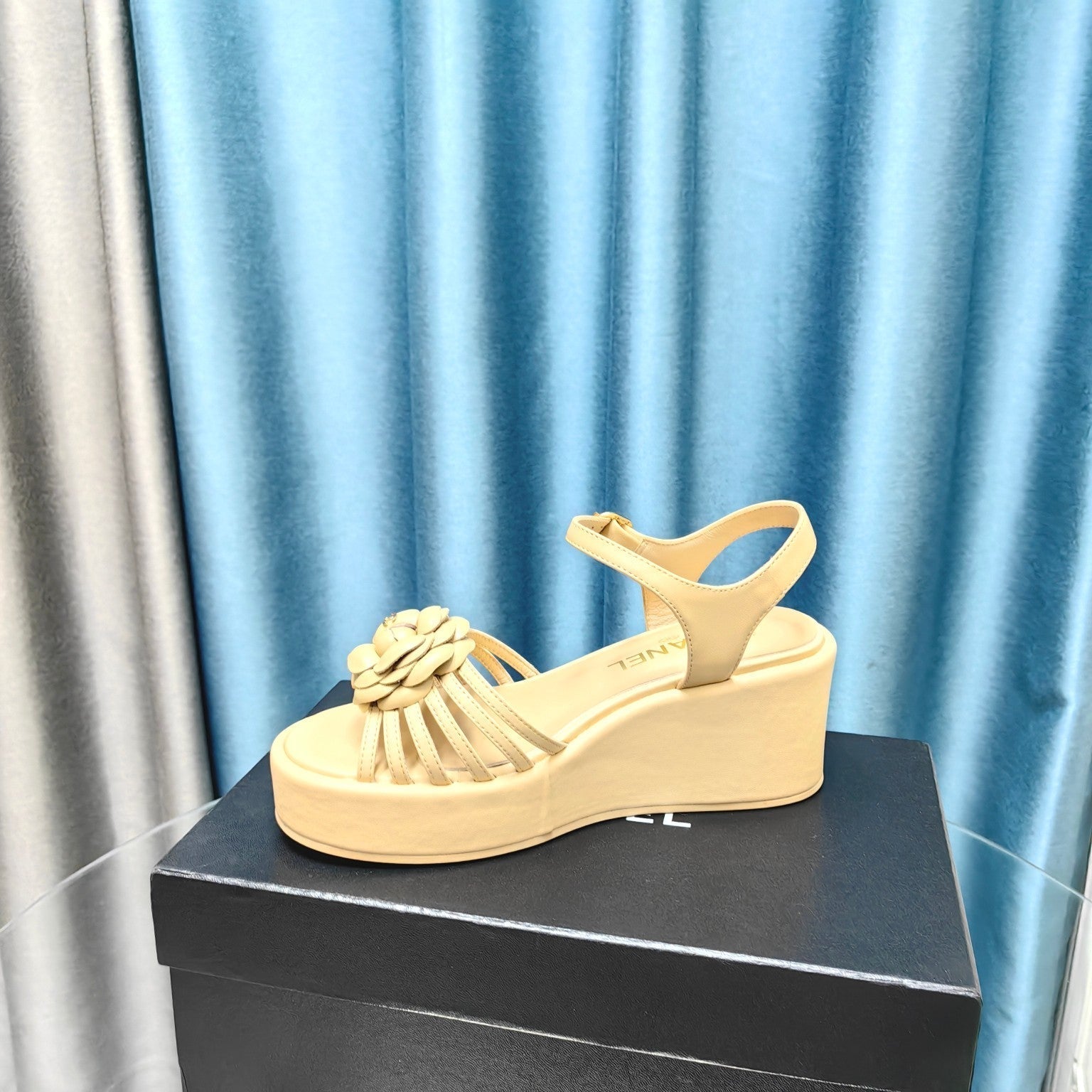 CHANEL Camellia Slide Wedge Sandal Beige Cream Lambskin