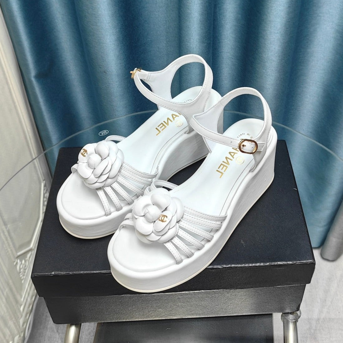 CHANEL Camellia Slide Wedge Sandal White Lambskin