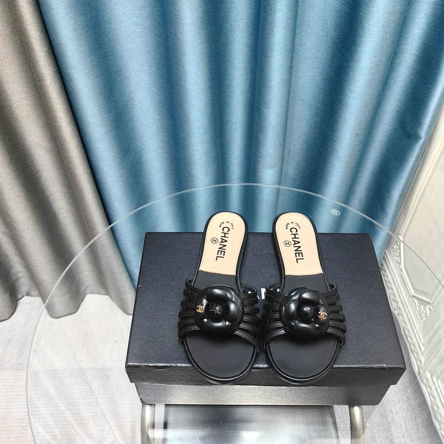 CHANEL Camellia Slide Slippers Black Lambskin