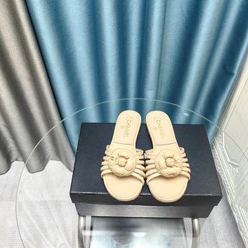 CHANEL Camellia Slide Slippers Beige Cream Lambskin