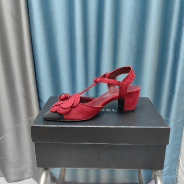 CHANEL CAMELLIA SANDAL IN CHERRY RED SUEDE AND BLACK CALFSKIN WITH FLOWER