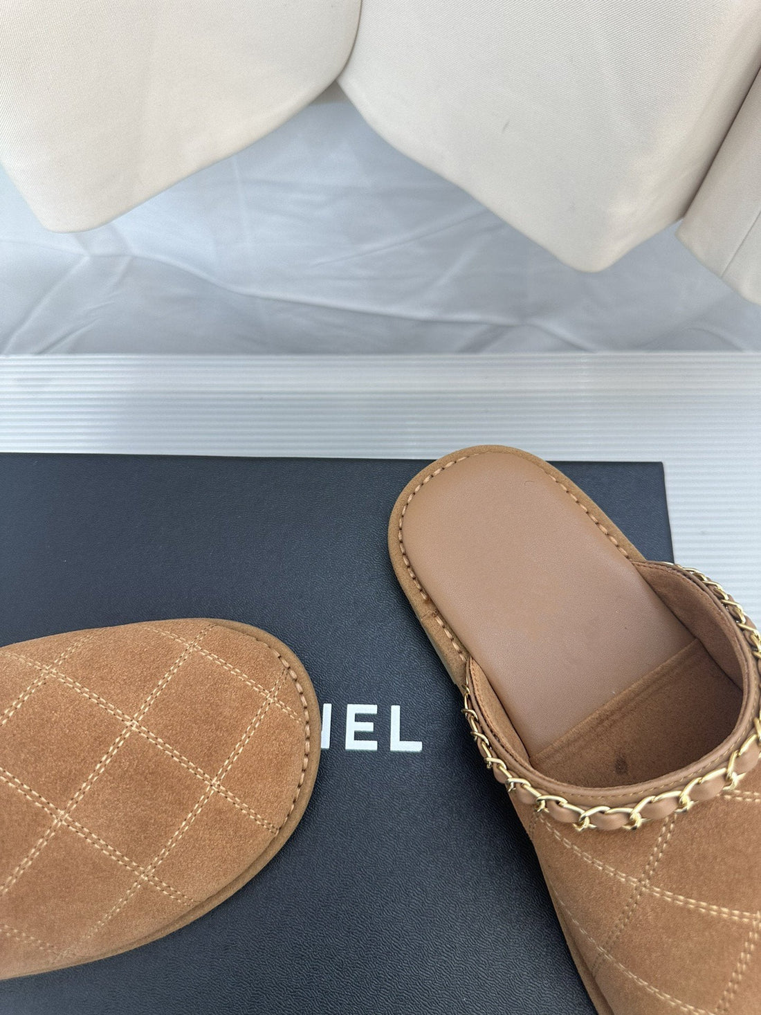 CHANEL Brown Suede Gold Chain Mules