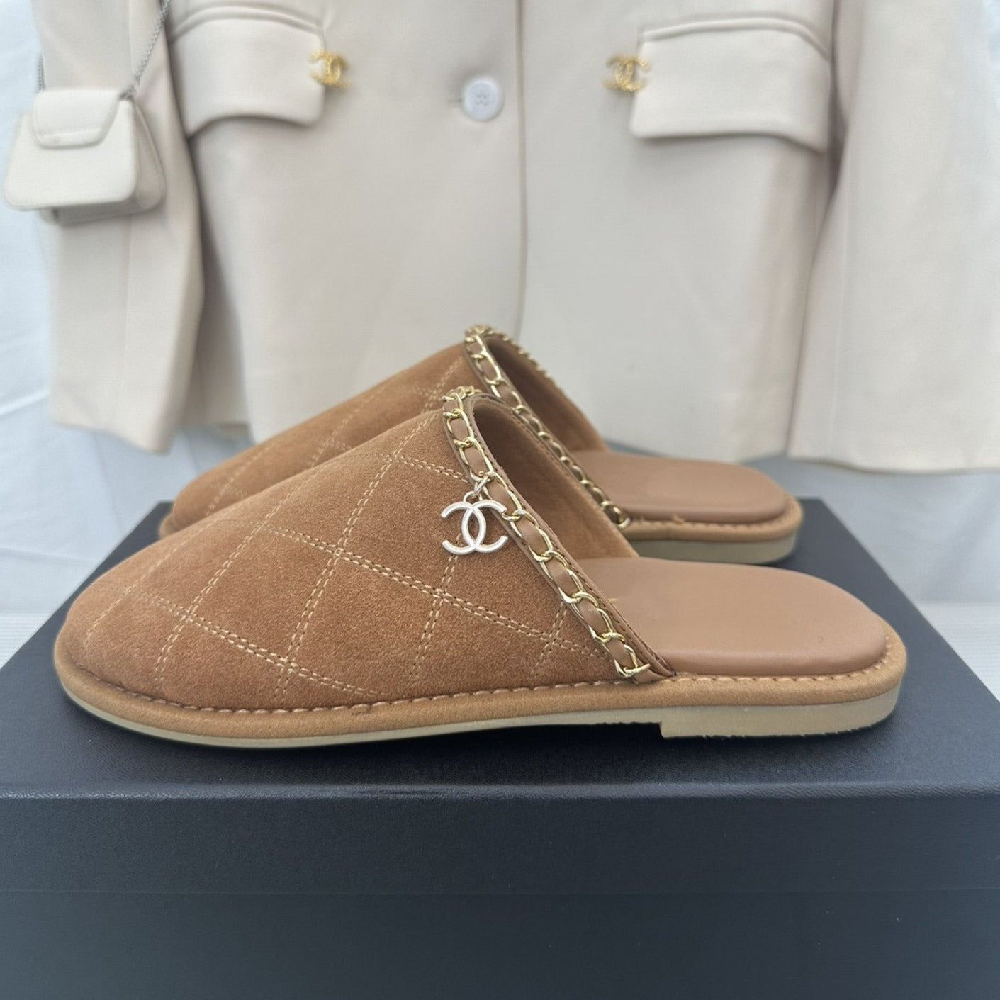 CHANEL Brown Suede Gold Chain Mules