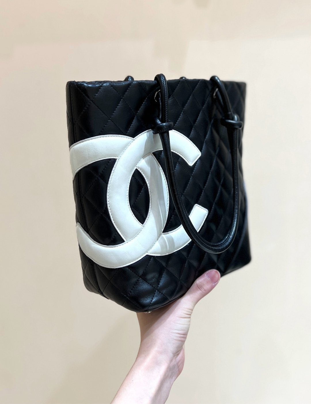 CHANEL Cambon Tote 24cm Black White Quilted Calfsin