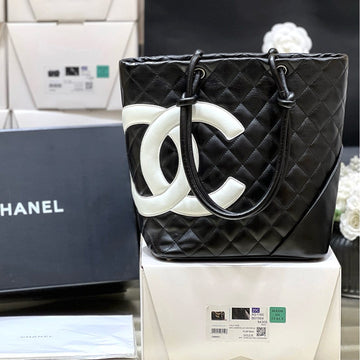 CHANEL Cambon Tote 24cm Black White Quilted Calfsin