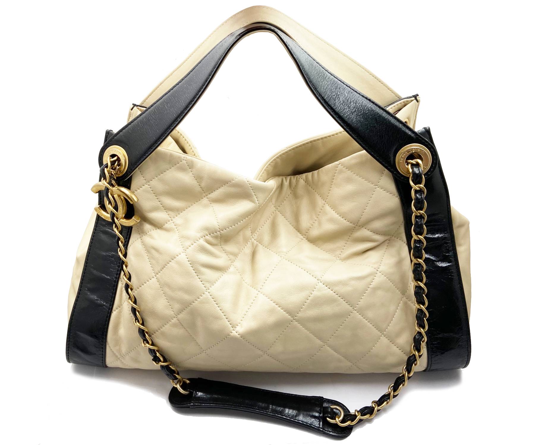 Top Quality Chanel Ivory Black Leather Hand Shoulder Bag