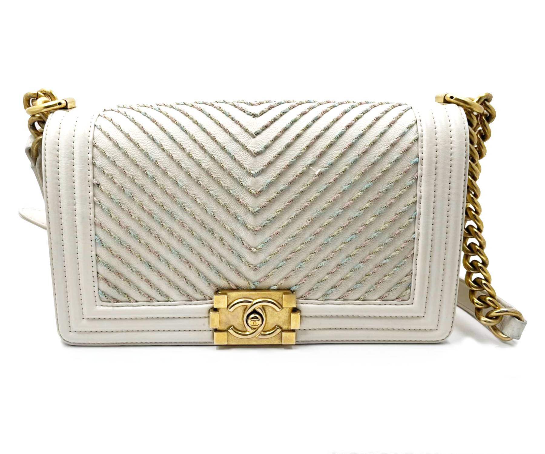 Top Quality Chanel Ivory Boy Pink Stitching Chevron Crossbody Bag