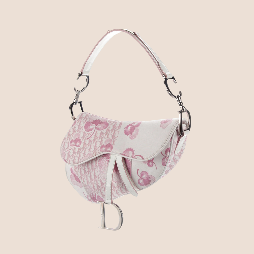 CHRISTIAN DIOR 2004 GIRLY PINK CHERRY BLOSSOM CANVAS SADDLE BAG