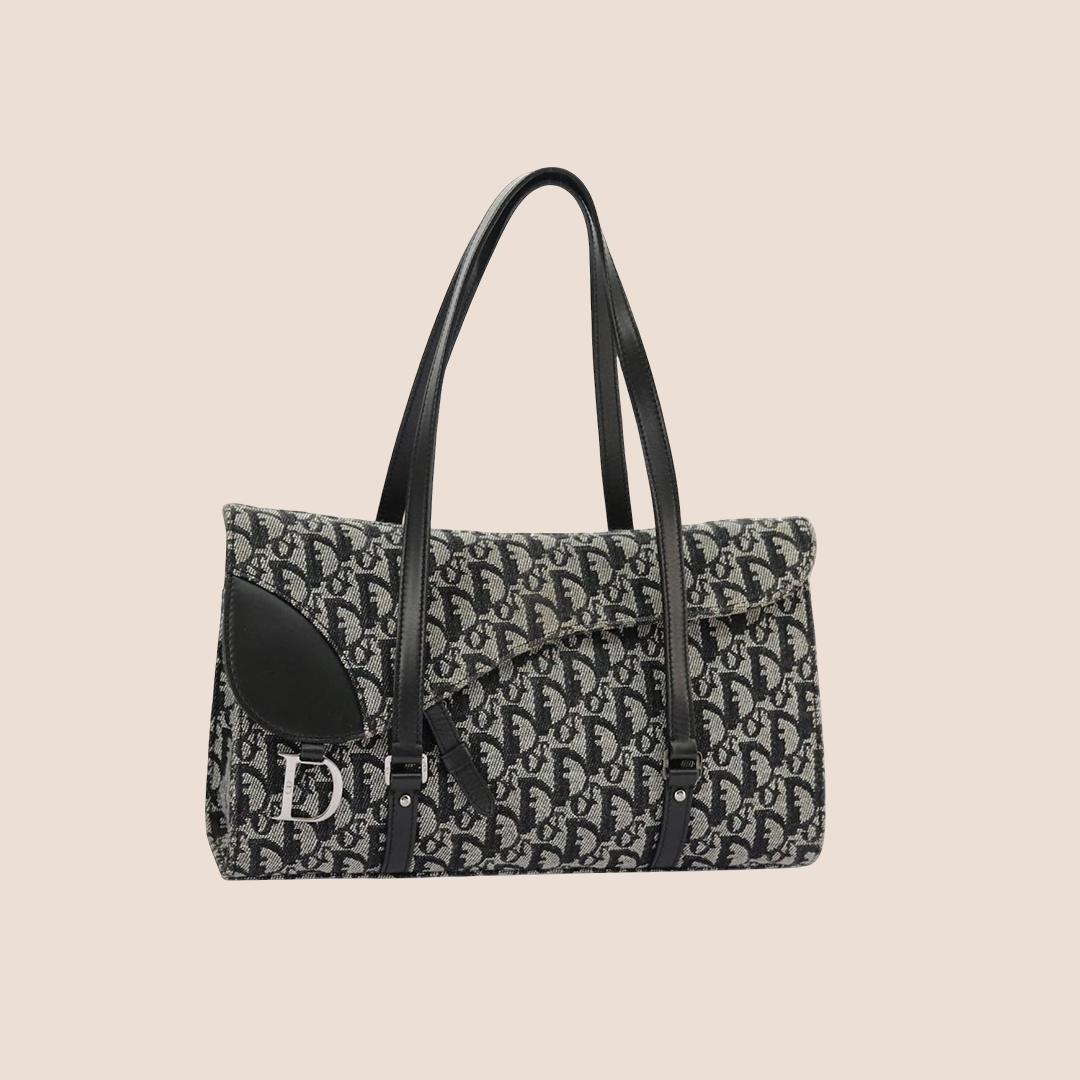 CHRISTIAN DIOR GREY & NAVY TROTTER SADDLE BRIEFCASE BAG