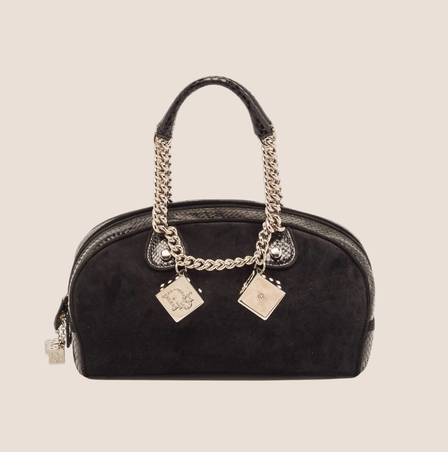 CHRISTIAN DIOR 2004 PYTHON TRIMMED BLACK SUEDE GAMBLER DICE BOWLER BAG