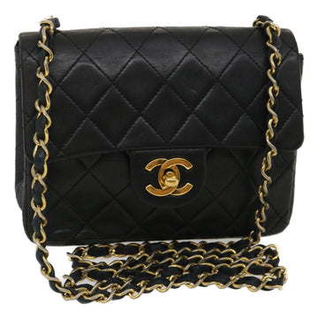 Top Quality Chanel Mini Matelasse Chain New Shoulder Bag Lamb Skin Black Gold Auth ai651A
