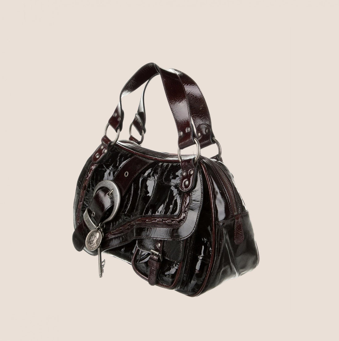 CHRISTIAN DIOR CROC EMBOSSED BLACK LEATHER PATENT GAUCHO HANDBAG