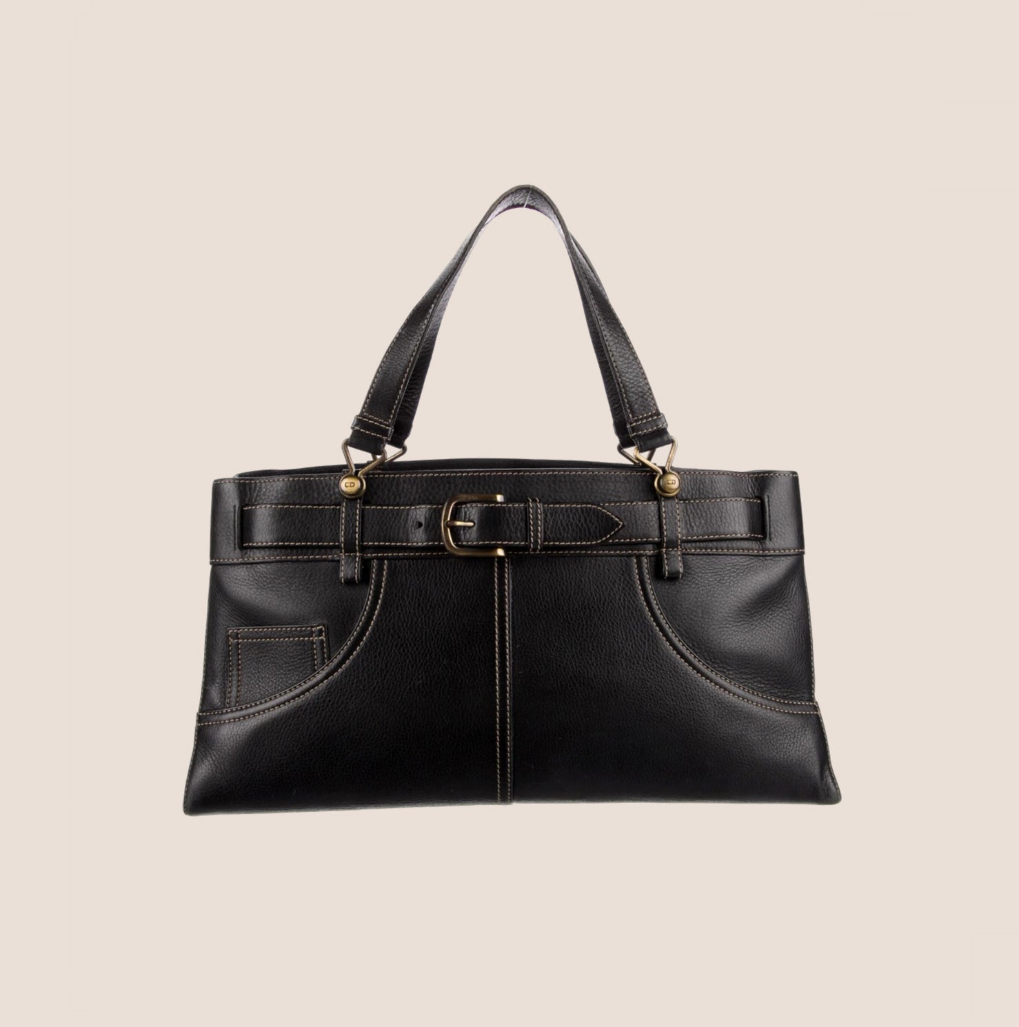 CHRISTIAN DIOR BLACK LEATHER BELTED EVERYDAY BAG