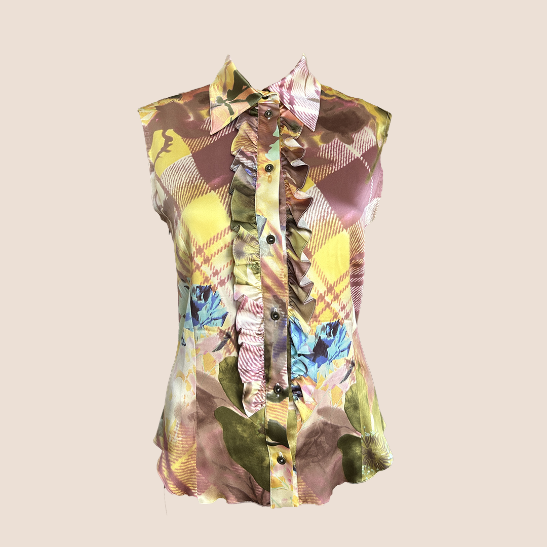 CHRISTIAN DIOR FALL 2001 SILK FLORAL CHECK SLEEVELESS SHIRT