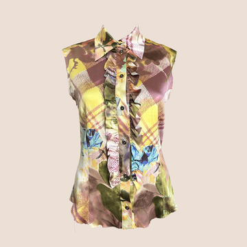 CHRISTIAN DIOR FALL 2001 SILK FLORAL CHECK SLEEVELESS SHIRT