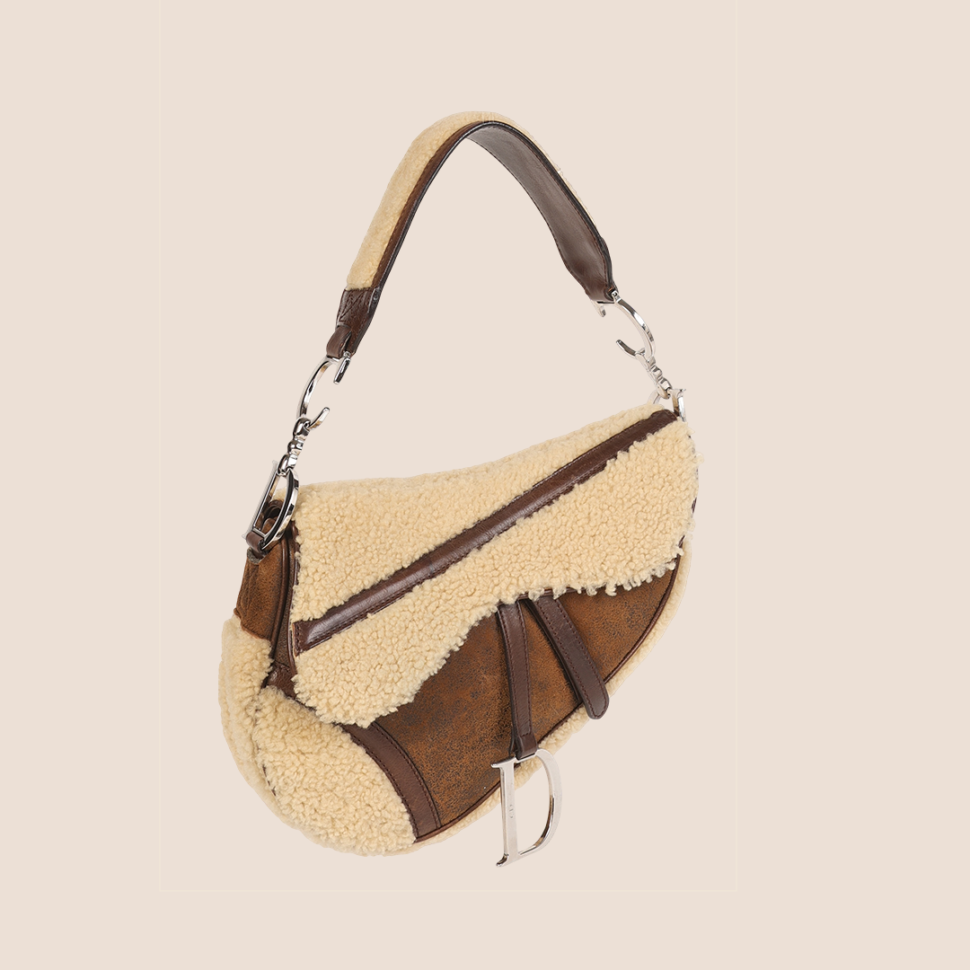 CHRISTIAN DIOR 2005 BROWN SHEARLING FLIGHT SADDLE BAG