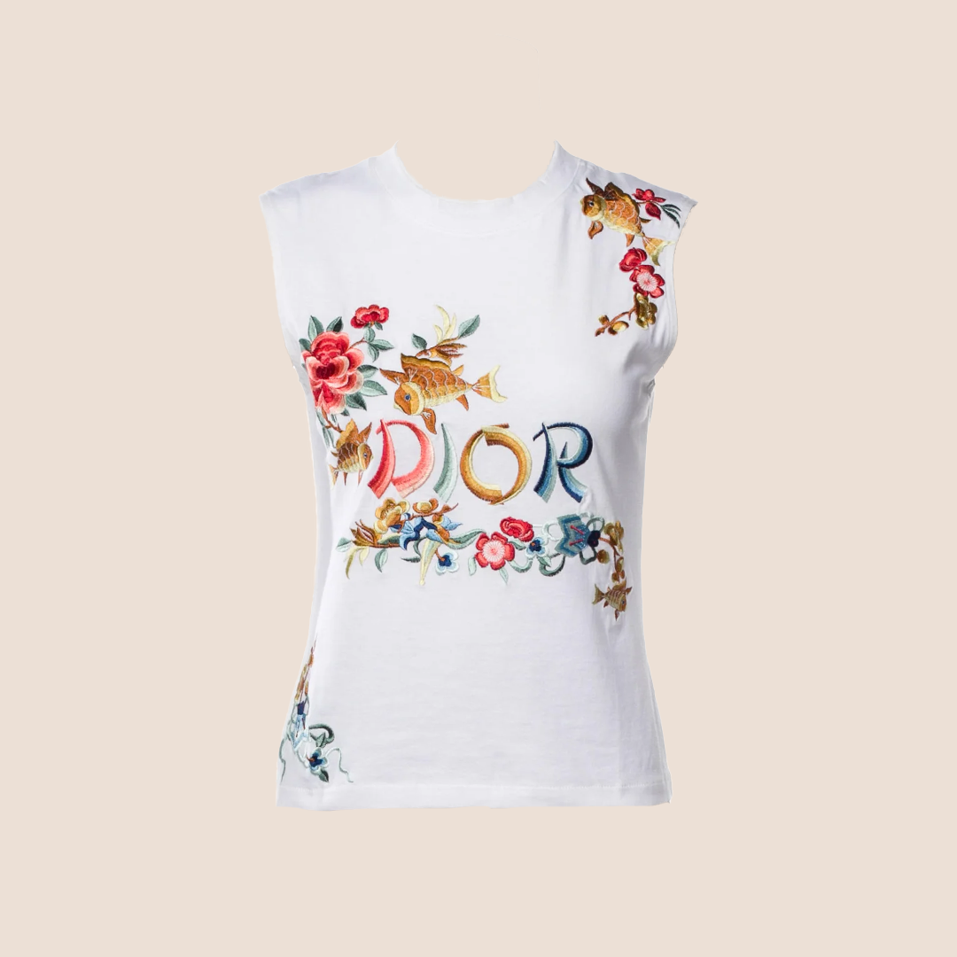 CHRISTIAN DIOR 2002 ORIENTAL KOI FISH FLORAL EMBROIDERED TANK TOP