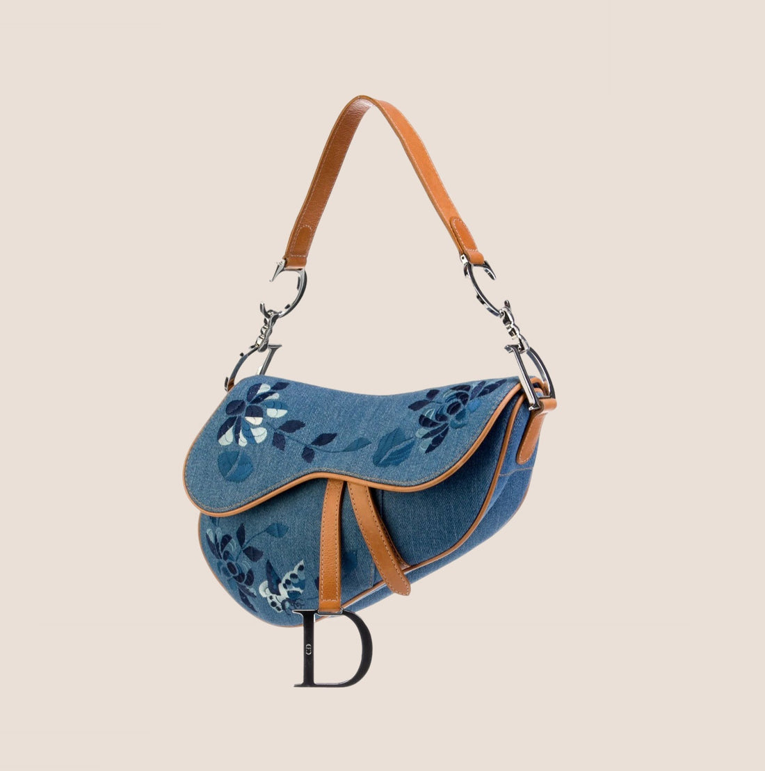 CHRISTIAN DIOR 2005 DENIM EMBROIDERED SADDLE BAG