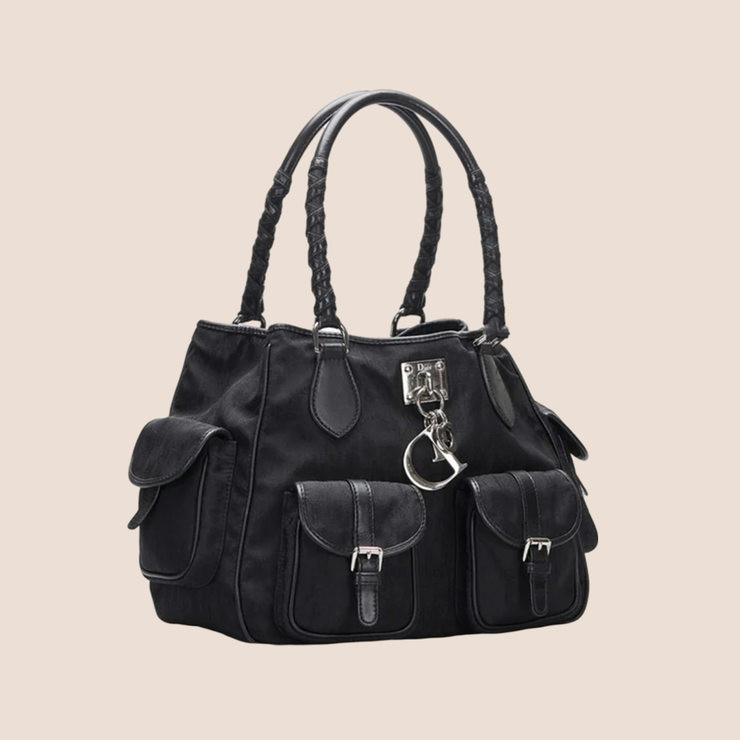CHRISTIAN DIOR BLACK DIORISSIMO CANVAS MULTIPOCKET CHARM BAG