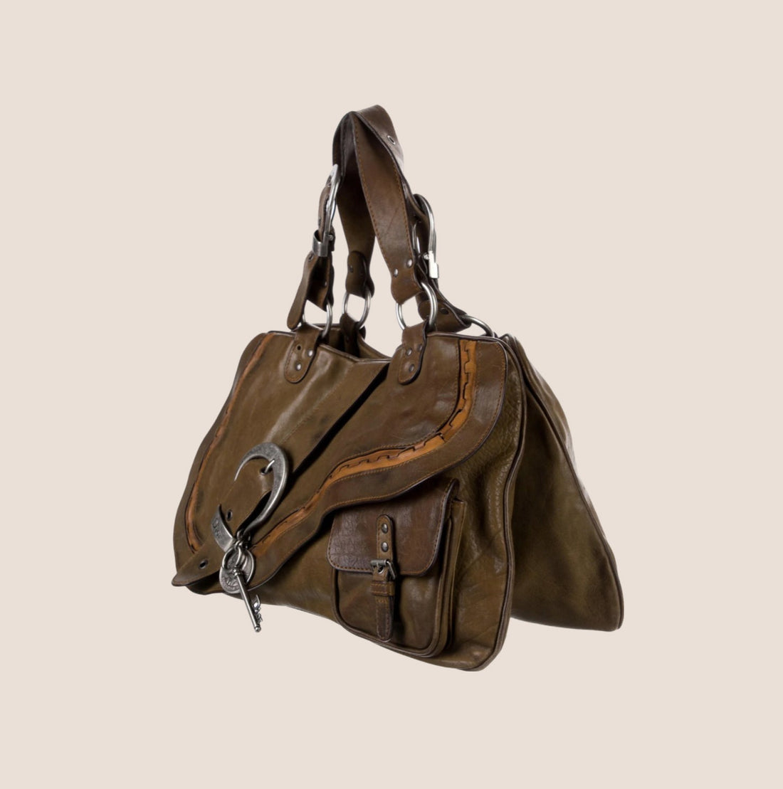 CHRISTIAN DIOR 2006 KHAKI LEATHER DOUBLE GAUCHO BAG