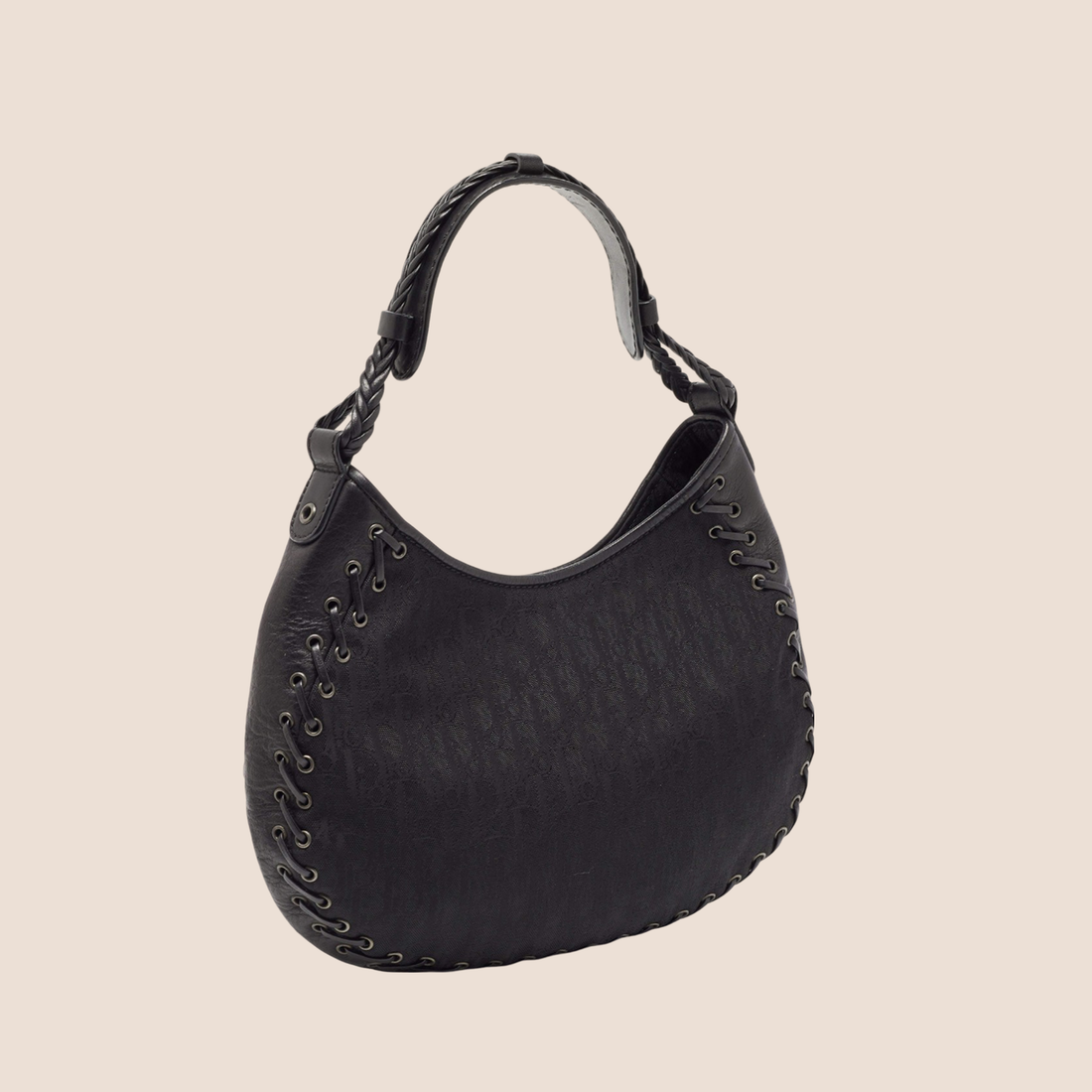 CHRISTIAN DIOR BLACK OBLIQUE NYLON & LEATHER HOBO BAG