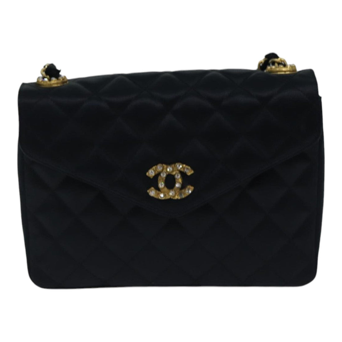 Top Quality Chanel Matelasse Stone Chain Shoulder Bag Satin Black CC Auth kk285A