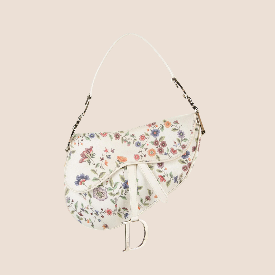 CHRISTIAN DIOR LIMITED EDITION WHITE FLORAL CANVAS SADDLE BAG