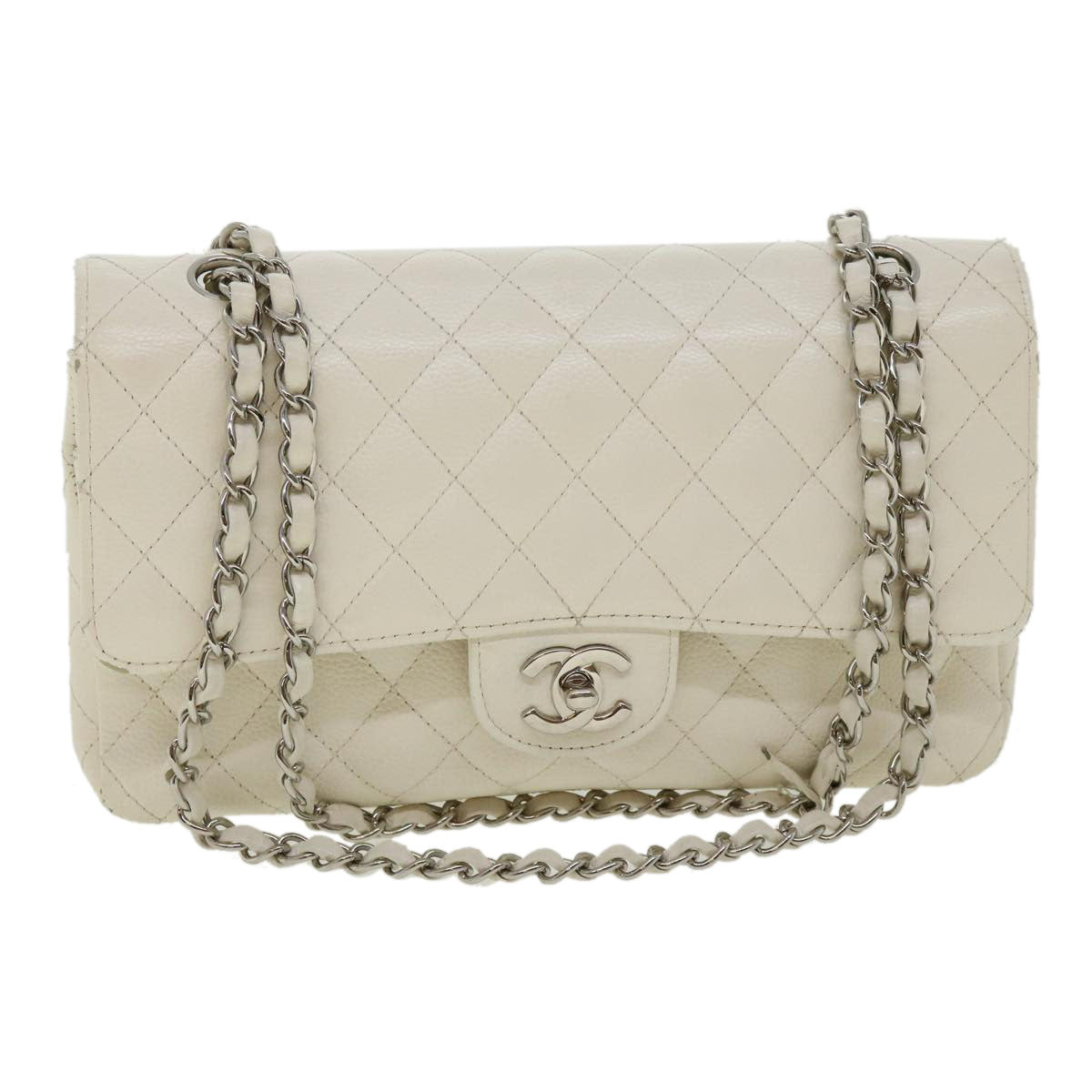 Top Quality Chanel Matelasse Double New Chain Shoulder Bag Caviar Skin White CC Auth knn085