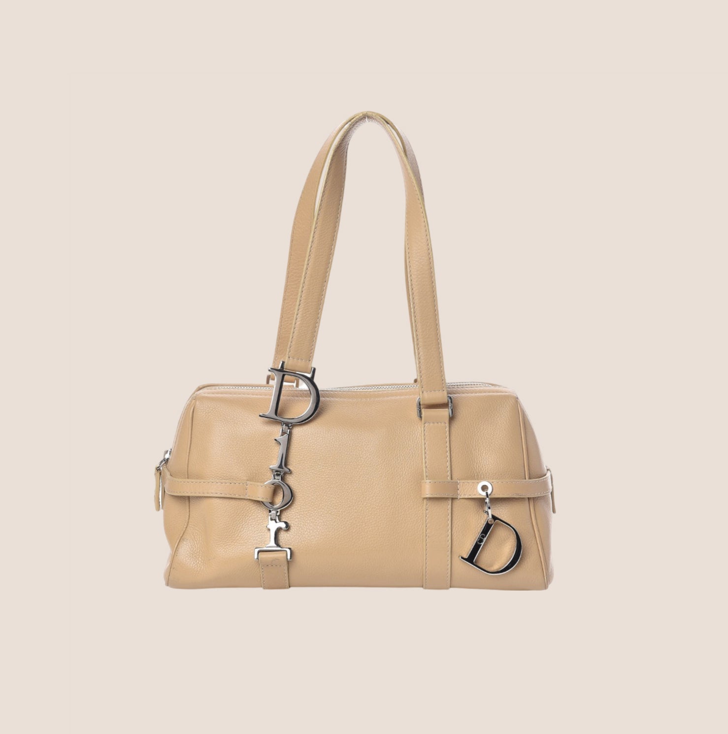 CHRISTIAN DIOR BEIGE LEATHER LOGO SPELL OUT CHARM BOSTON BAG