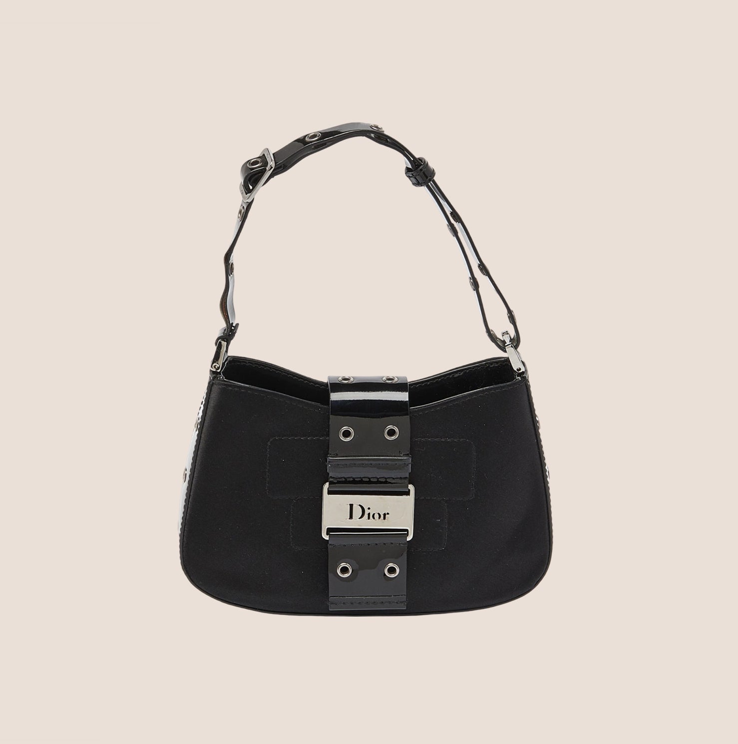 CHRISTIAN DIOR BLACK SATIN & PATENT LEATHER MINI STREET CHIC HOBO BAG