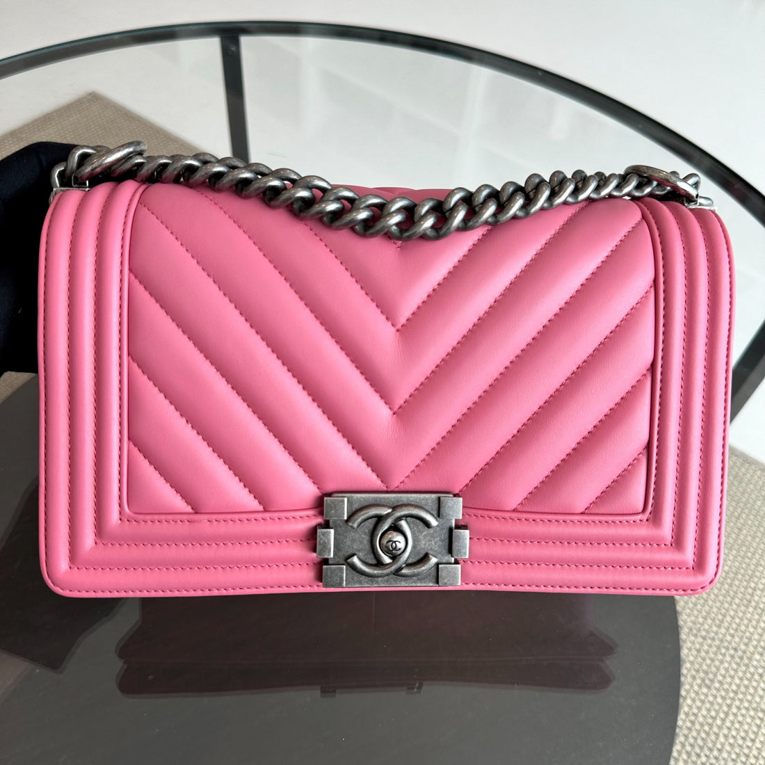 *Like New* Boy Old Medium 25CM Calfskin Chevron Leboy Pink RSHW No 26