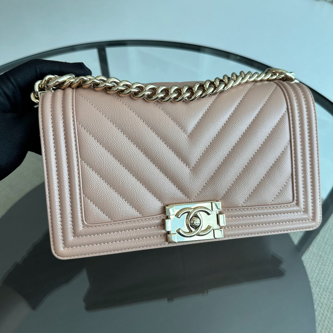 *Like New* Caviar Boy Old Medium 25CM Chevron Nude LGHW No 25