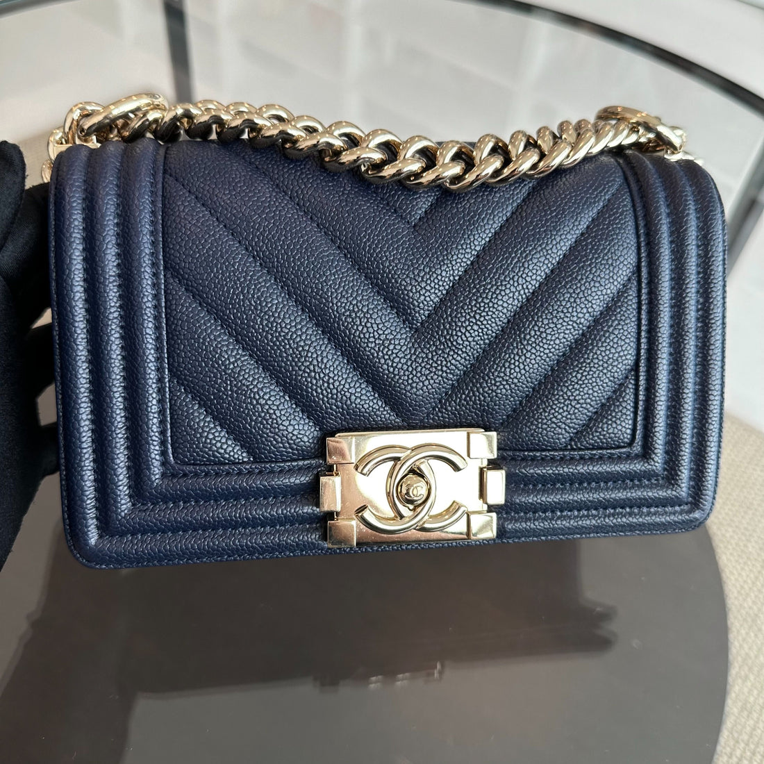 *Like New* Caviar Boy Small 20CM Chevron Grained Calfskin Leboy Dark Blue GHW No 24
