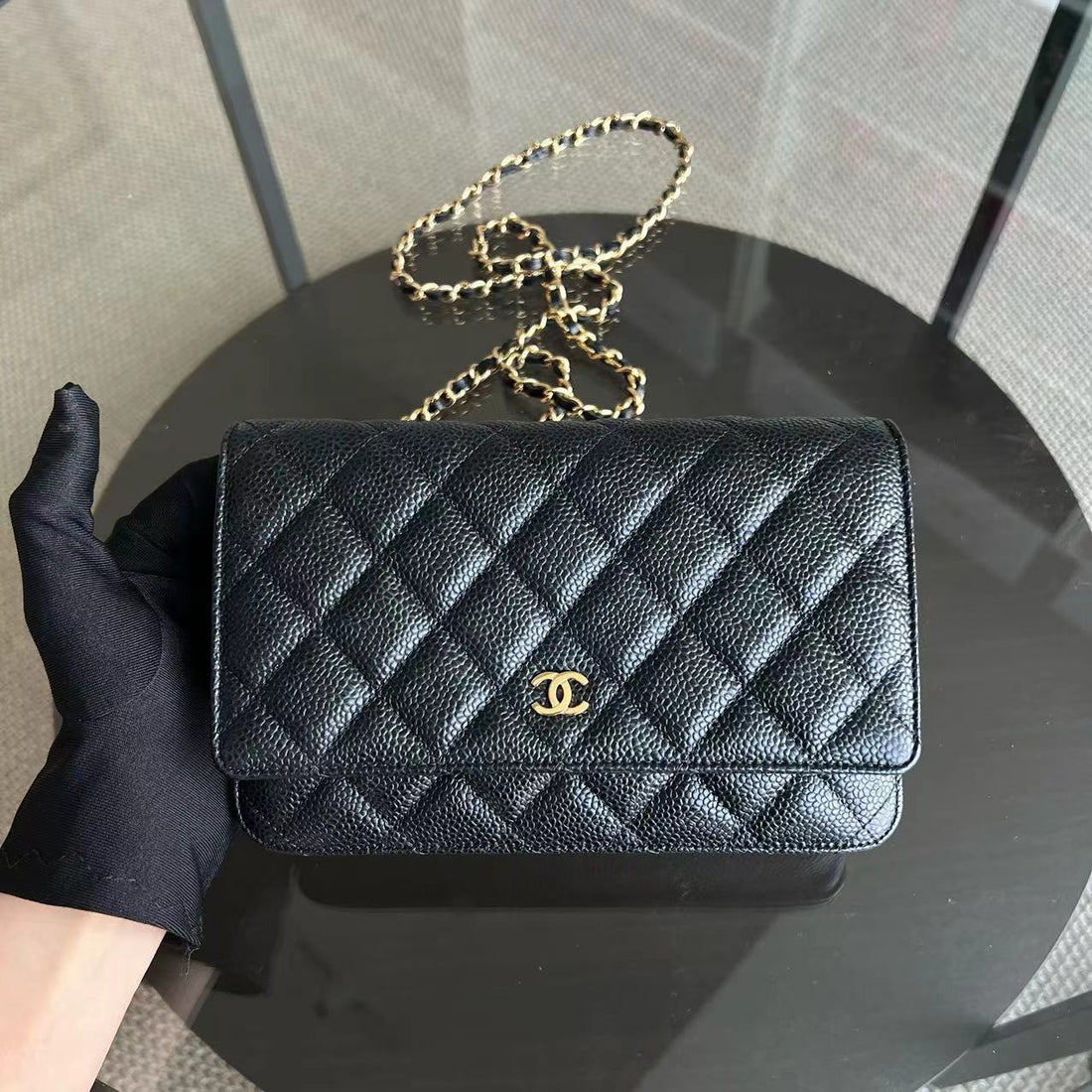 *Like New, Receipt Full Set* Caviar WOC Wallet On Chain Quilted Grained Calfskin Black Golden Hardware Series 31
