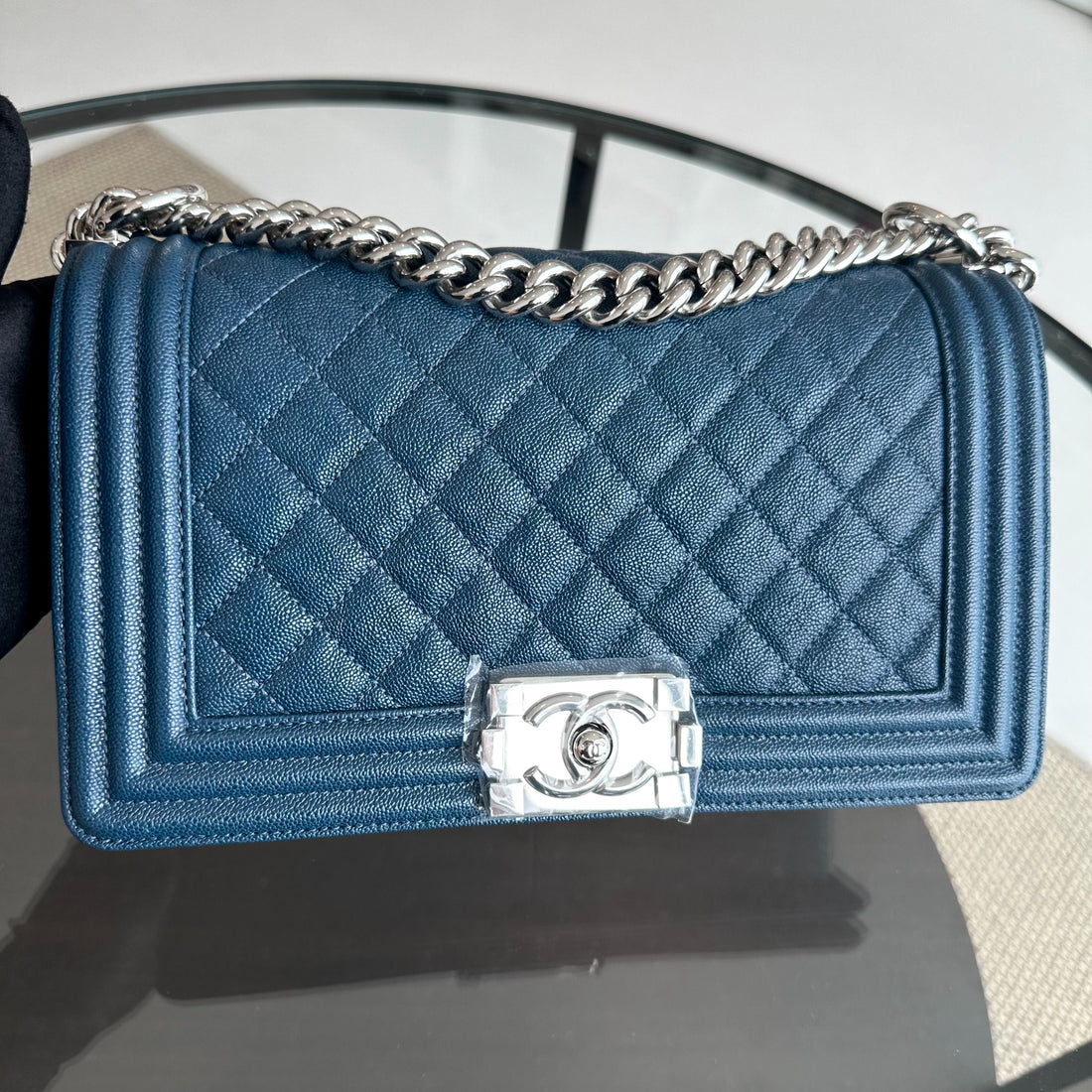 *Like New, Series 28* Caviar Boy Old Medium 25CM Quilted Calfskin Dark Blue No 28
