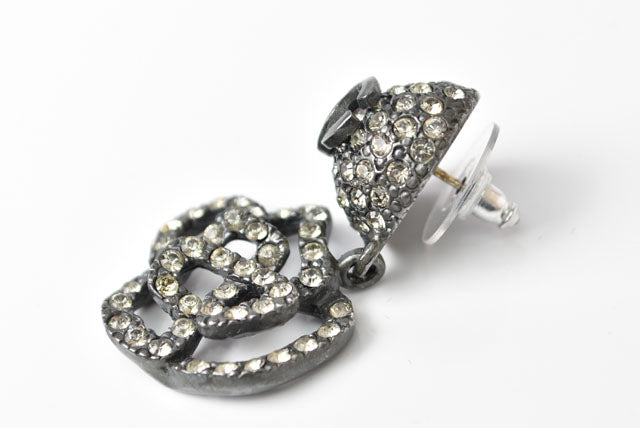 Chanel Camellia Motif Rhinestone Silver Earrings