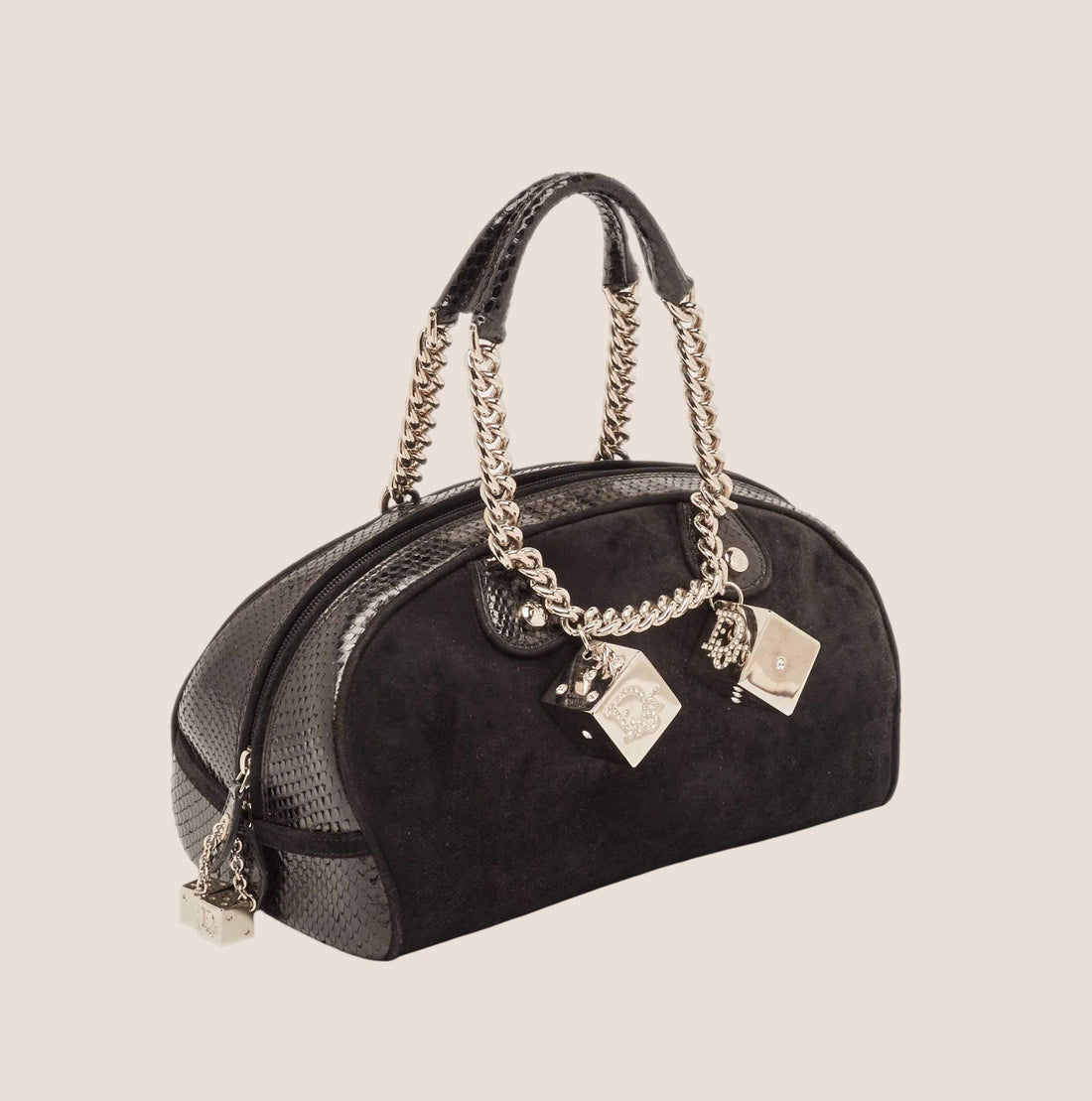 CHRISTIAN DIOR 2004 PYTHON TRIMMED BLACK SUEDE GAMBLER DICE BOWLER BAG
